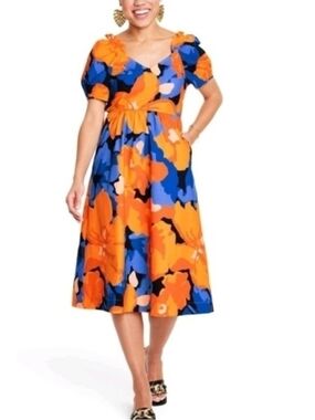 Tabitha Brown Floral Print Puff-Sleeve Tie-Back Midi Dress - 20W/22W